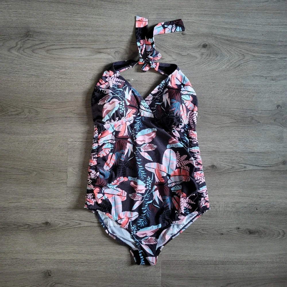 Motherhood Maternity Halter One Piece Swimsuit Tropical Leaf Print Pink Blue M